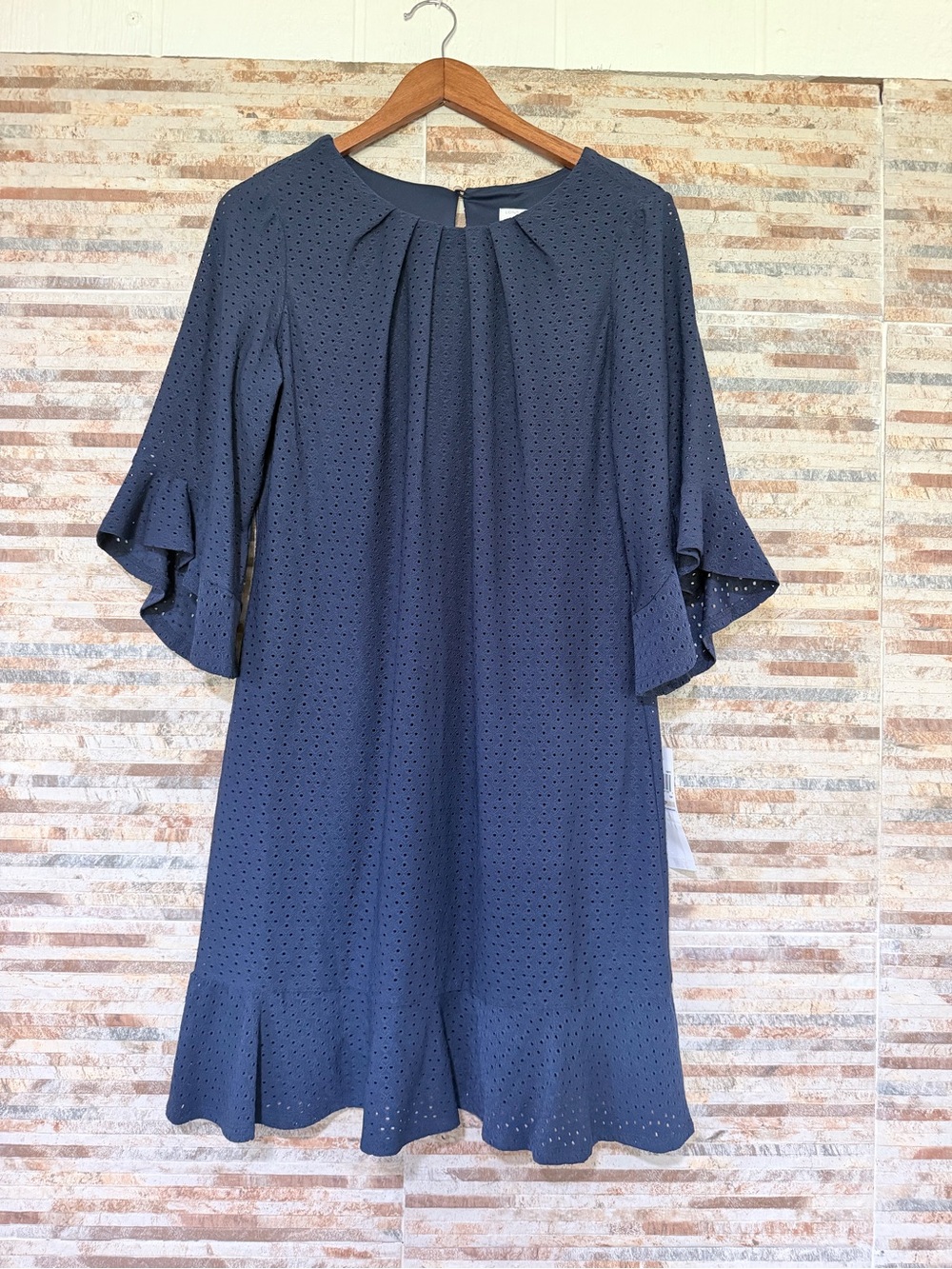 London times Navy Eyelet Ruffle-Sleeve Shift Dress - Women
